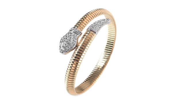 One round snake model tubogas bracelets. 18k white gold and diamonds. 100 % made in Italy