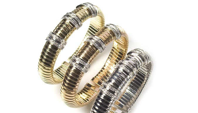 Bracciale tubogas in oro e diamanti. Produzione artigianale e design 100% made in Italy.